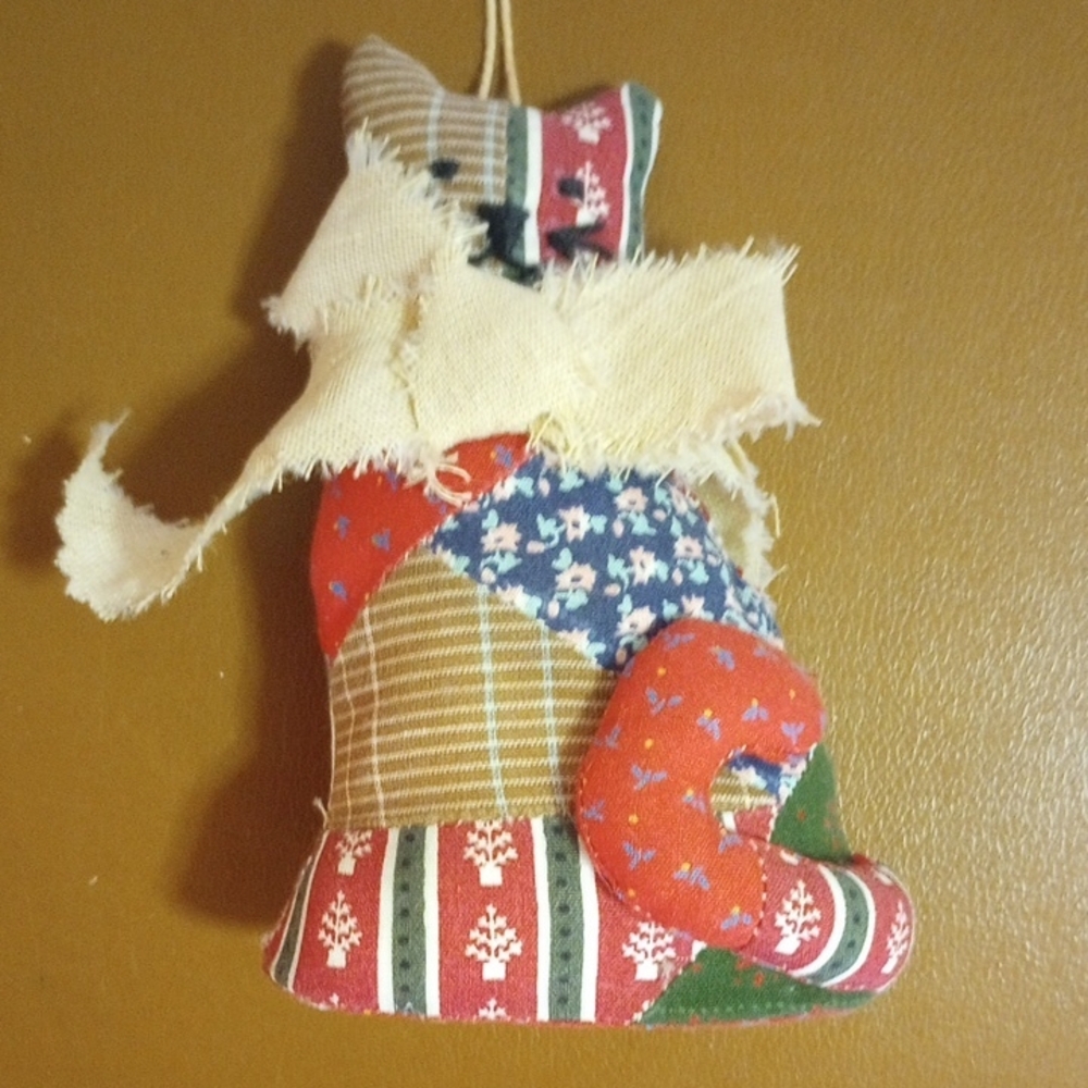 Stuffed Fabric Christmas Tree Cat Ornament.  Red Green Blue Brown White Pink